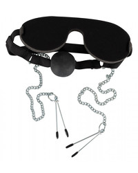 Mundknebel mit Nippelklammern und Augenmaske